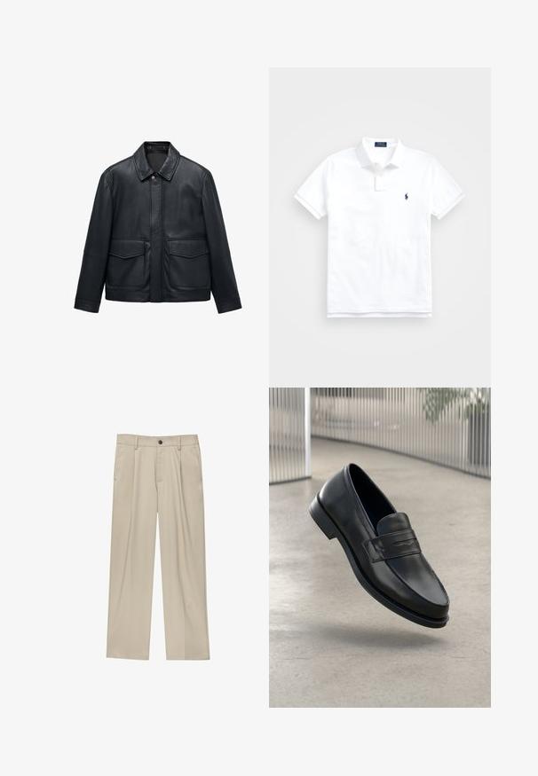 Zwarte leren jas met een spitse kraag, sluiting met drukknopen aan de voorkant en twee grote opgestikte zakken. Glad textuur en een comfortabele pasvorm.; Witte polo shirt van katoen, met een klassieke kraag, korte mouwen en een klein marineblauw logo op de linkerbovenkant. Placket met twee knopen.; Beige broek met een rechte snit, voorzien van een enkele zwarte knoop, riemlussen en zijzakken. Glad stoffen textuur en een minimalistisch ontwerp.; Zwarte leren loafer met een gladde textuur, spitse neus en een decoratieve band over de wreef. Lichtgewicht zool, minimalistisch ontwerp.
