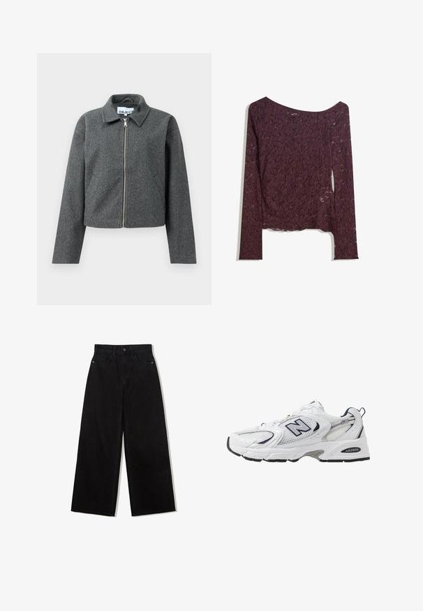 Gray cropped jacket made of textured material. Features a zippered front, pointed collar, and side pockets. Simple design, no patterns.; Lace long-sleeve top in deep burgundy, featuring an off-shoulder design, floral patterns, and a slightly sheer texture with a straight hem.; Black, wide-leg jeans made of denim with a high waist, featuring a five-pocket design and a single button closure at the front.; White athletic shoe with mesh upper, navy accents, and cushioned sole. Features "N" logo, laces, and textured detail on side.