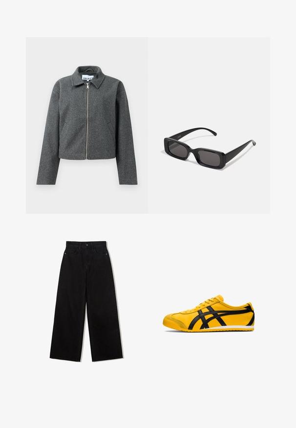 Veste grise courte en matière texturée. Dotée d'une fermeture éclair sur le devant, d'un col pointu et de poches latérales. Design simple, sans motifs.; Chemise noire à manches longues et crop en coton doux. Présente un col rond et une coupe ample avec des épaules tombantes. Pas de motifs ni d'accents visibles.; Jeans noirs à jambes larges en denim avec une taille haute, présentant un design à cinq poches et une fermeture à un bouton à l'avant.; Basket jaune avec des accents noirs, texture en cuir lisse, design arrondi, bout rond, semelle plate blanche et marquage bien visible sur le côté.; Lunettes de soleil noires rectangulaires avec des verres foncés, finition brillante, larges branches et un design de monture épaisse. Nom de marque gravé sur une branche.