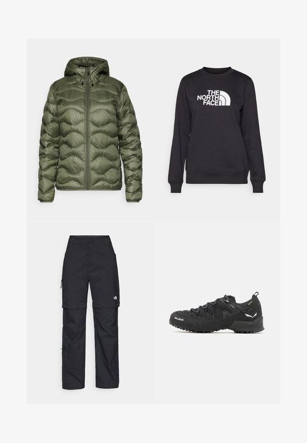 Peak Performance HELIUM HOOD JACKET - Sulejope - pine needle; Mustaskreenist, ümar kael, pikad varrukad, soonikuga mansetid ja valge "The North Face" logo, mis on keskel ees. Sile tekstuur.; Mustad nailonist valmistatud eemaldatavad cargo-püksid, reguleeritavate pahkluudega, mitmete taskutega ja paremal jalal logoga. Sile, kerge tekstuur.; Mustad matkajalatsid tekstuurse kangas ülaosaga, sidumisüsteemiga ja jäiga kummitaldiga. Kaunistatud peegeldavate detailide ja logodega.