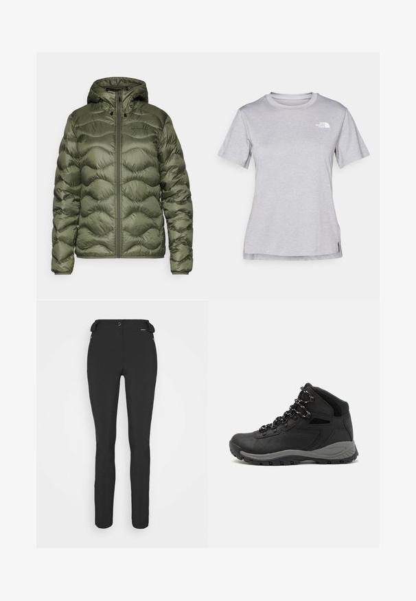 Peak Performance HELIUM HOOD JACKET - Down jacket - pine needle; Grey short-sleeve t-shirt made of soft, moisture-wicking fabric. Features a crew neck and a small white logo on the upper left.; Black, fitted pants made from a flexible material. Features include a zippered side pocket, articulated knees, and a smooth texture.; Black hiking boot with a mid-top design, featuring a textured upper, gray accents, and durable rubber sole with traction lugs.