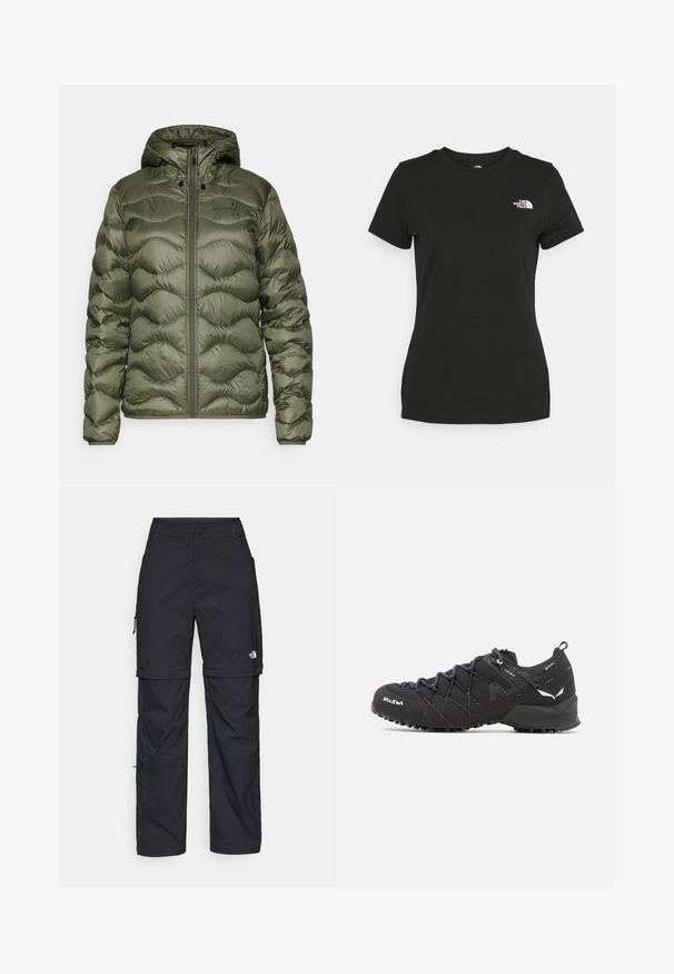 Peak Performance HELIUM HOOD JACKET - Tollkabát - pine needle; Fekete pamut póló, klasszikus nyakkivágással és rövid ujjakkal. Figyelemre méltó fehér logó a bal felső oldalon. Sima textúra, laza fazon.; Fekete nylon zipzáras cargo nadrág állítható mandzsettával, több zsebbel és logóval a jobb lábon. Simább, könnyű textúra.; Fekete túracipők texturált szövet felső résszel, fűzési rendszerrel és strapabíró gumitalppal. Reflektáló részletekkel és logókkal díszítve.