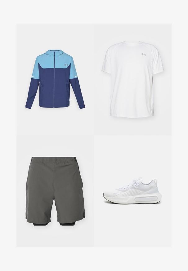 Casaco com capuz em azul-marinho e azul-claro, apresentando uma fecho de correr na frente, mangas longas e um design de bloco em contraste com uma faixa branca de destaque.; Camisola atlética de mangas curtas brancas, feita de um tecido suave. Apresenta um decote redondo e um logótipo cinza no lado esquerdo do peito, com aberturas laterais na barra.; Calças curtas atléticas cinzentas com um tecido leve e suave, cintura elástica, com calções de compressão interiores e bolsos laterais.; Sapatilha desportiva branca com um upper em malha texturizada, fecho com atacadores, sola almofadada e um detalhe de marcação distintiva na lateral.