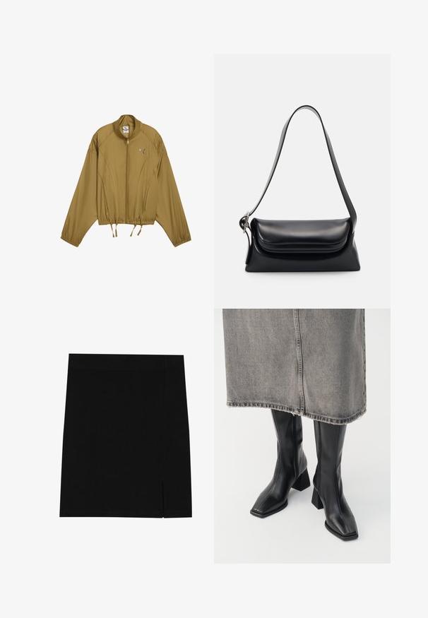 Giacca zip-up color marrone chiaro con vita e polsini elasticizzati, colletto alto e logo Puma sul lato sinistro del petto.; Maglione lavorato a maglia verde oliva con collo rotondo, maniche lunghe e orlo a coste. Presenta un design cropped con una finitura morbida e testurizzata.; Gonna nera mini realizzata in tessuto morbido con un design aderente, caratterizzata da una leggera apertura sul lato per un tocco di stile in più.; Stivali neri al ginocchio in pelle liscia con punta squadrata e tacco a blocco. Indossati con una gonna in denim grigia con orlo sfilacciato.; Borsa a tracolla nera in pelle con una forma strutturata, una texture liscia e una singola tracolla. Presenta un design a patta arrotondata e discreta.