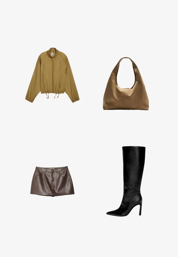 Lysebrun zip-up jakke med elastisk talje og manchetter, høj krave og Puma-logo på venstre bryst.; Sort kortærmet t-shirt lavet af glat stof. Har en rund halsudskæring og en afslappet pasform med en lige kant.; Brun læder mini-nederdel med en glat tekstur, bæltestropper, forlommer og knaplukning i taljen.; Knæhøj sort læderstøvle med spids tå, høj stiletthæl, glat finish og et enkelt, strømlinet design uden pynt.; Brun stof skuldertaske med en bred, rundet krop og et stort udsnit håndtag. Blød tekstur, minimalistisk design og ingen synlig hardware.