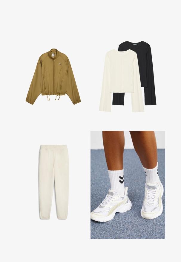 Lichtbruine zip-up jacket met elastische taille en mouwen, hoge kraag en Puma-logo op de linkerborst.; Set van twee longsleeve tops in wit en zwart. Geribbelde textuur, ronde hals, aansluitend ontwerp met licht uitlopende mouwen.; Lichtbeige sweatpants van zachte stof, met een elastische tailleband, cuffed enkels en een klein wit logo aan de zijkant.; Witte sneakers met zilveren accenten, gemaakt van mesh-materiaal en met een chunky ontwerp. Gecombineerd met witte sokken met zwarte chevronpatronen.