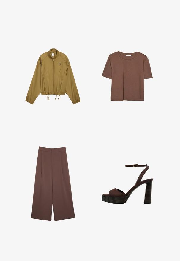 Svetlohnedá zipsová bunda s elastickým pásom a manžetami, vysokým golierom a logom Puma na ľavej hrudi.; Hnedé tričko s krátkym rukávom vyrobené z jemného materiálu, s okrúhlym výstrihom a voľným strihom. Žiadne viditeľné vzory ani akcenty.; Hnedé nohavice so širokými nohavicami a hladkou textúrou, s vysokým pásom a prednými skladmi. Tkanina je ľahká a voľne sa pohybuje.; Hnedé semišové sandále na vysokom podpätku s otvorenou špičkou, nastaviteľným členkovým remienkom a pruhovanou platformovou podrážkou.
