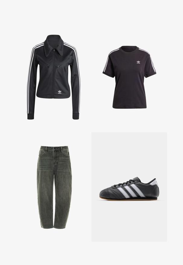 Svart zip-up jacka i mjukt tyg, med vita sidostänger, två fickor på bröstet med dragkedja och krage, samt en Adidas-logotyp.; Svart bomullst-shirt med kort ärm och rund halsringning, prydd med vita ränder på axlarna och en liten vit Adidas-logotyp på bröstet.; Mörkgrå denimjeans med avslappnad passform, som har fem fickor, knappstängning och subtila blekningar framtill och baktill.; Svart lädersportssko med vita ränder, rund tå, platt sula och snörning. Har perforeringar för andningsförmåga.