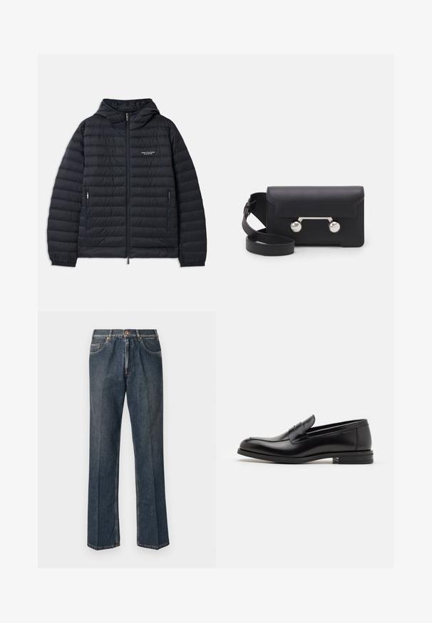 Svart puffjacka med huva, med horisontellt kviltat mönster, framifrån dragkedja och två sidofickor med dragkedjor.; Krämfärgad stickad tröja med polo-krage, ribbade ärmslut och nederkant, med en framplacket och mjuk textur.; Mörkblå raka denimjeans med framknapp, blixtlås, dubbla framfickor och synliga vertikala veck längs benen.; Svarta läderloafers med en slät yta, rund tå och ett dekorativt band över främre delen. Låg staplad klack, minimalistisk design.; Svart läder crossbody-väska med klaffstängning, silverfärgade detaljer och två runda accenter. Utrustad med en avtagbar rem. Slät textur.