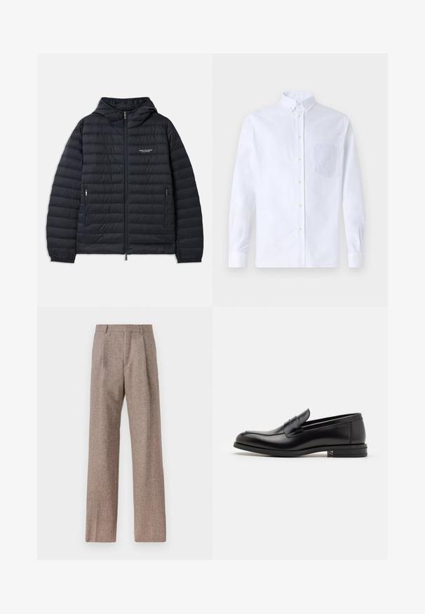 Zwarte pufferjas met een capuchon, voorzien van een horizontaal gewatteerd ontwerp, een ritssluiting aan de voorkant en twee zijzakken met ritssluitingen.; Witte lange mouwen overhemd van katoen, met een borstzak met tonale borduring, een kraag en knopenmanchetten.; Bruine, hooggewaisted broeken van een gestructureerde stof. Heeft wijde benen en twee voorplooien voor extra structuur. Net afgewerkt zonder zichtbare hardware.; Zwarte leren instappers met een gladde textuur, ronde neus en een decoratieve band over de wreef. Lage, gestapelde hak en minimalistisch ontwerp.