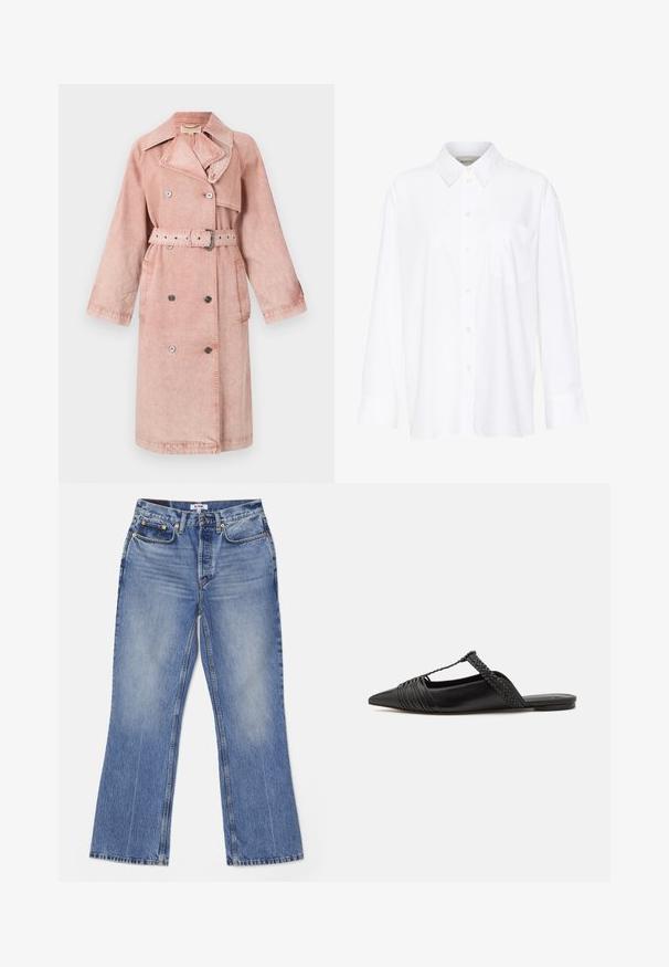 Rozā denimu mētelis ar jostu, dubultu pogu aizdari, lielu apkakli un sānu kabatām. Tam ir mīksta tekstūra un brīvs griezums.; Baltais garo piedurkņu krekls ar apkakli, izgatavots no kokvilnas. Aprīkots ar pogu aizdari priekšā un vienu krūšu kabatu. Gluda tekstūra, brīvs piegriezums.; RE/DONE LOOSE - Bootcut piegriezuma džinsi - hacienda; Melnas ādas slingback kurpes ar norādītu purngali, kurām ir austoša akcenta un krokota augšdaļa. Plakana zole ar minimālu aparatūru.