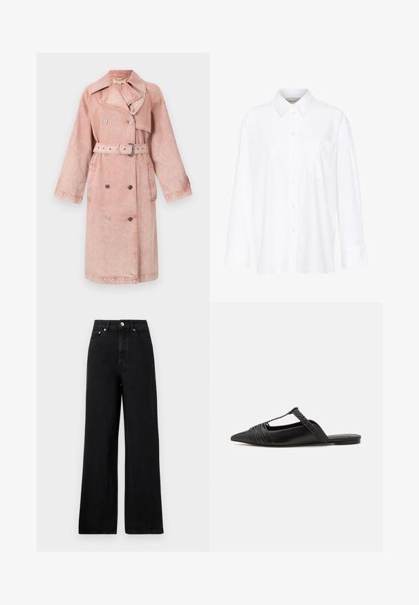 Trench coat in denim rosa con cintura, bottoni doppi, grande colletto e tasche laterali. Presenta una texture morbida e una vestibilità rilassata.; Camicia bianca a maniche lunghe con colletto in cotone. Caratterizzata da una chiusura con bottoni e una tasca sul petto singola. Tessuto liscio, vestibilità comoda.; Jeans in denim nero a vita alta con un design a gamba larga, dotati di cinque tasche e dettagli in metallo argentato. Tessuto complessivamente morbido.; Scarpa slingback in pelle nera con punta appuntita, con un dettaglio intrecciato e un design superiore plissettato. Suola piatta con hardware minimale.