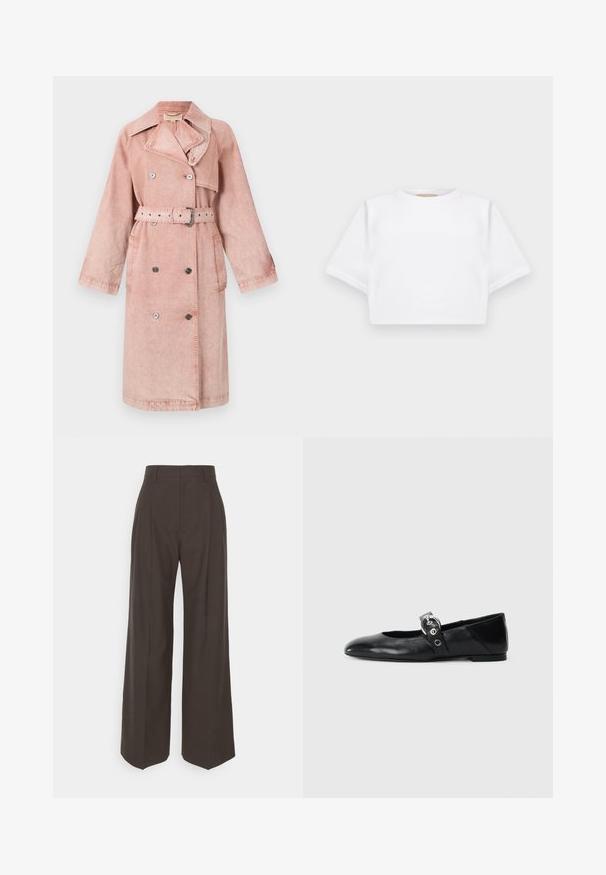 Trench coat in denim rosa con cintura, bottoni doppi, grande colletto e tasche laterali. Presenta una texture morbida e una vestibilità rilassata.; T-shirt bianca cropped realizzata in tessuto morbido, con maniche corte, scollo rotondo e dettagli a costine sull'orlo. Design semplice e senza fronzoli.; Pantaloni ampi marrone scuro con vita alta, caratterizzati da pieghe ben stirate, una texture liscia e una vestibilità su misura.; Ballerine in pelle nera con punta appuntita, dotate di una fascia con una fibbia metallica circolare e suola piatta.