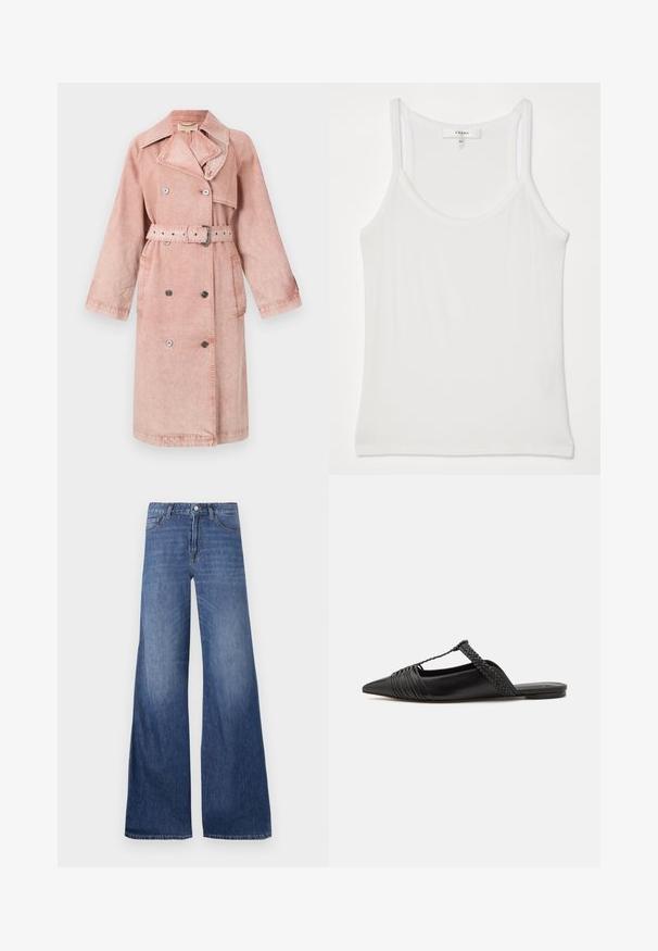 Lyserød denim trenchcoat med bælte, dobbeltrækkede knapper, stor krave og sidelommer. Har en blød tekstur og en afslappet pasform.; Hvid ærmeløs top lavet af blødt, ribbet stof; har tynde stropper og en rund halsudskæring, mærket læser "FRAME."; Bredde denim jeans i en mellemblå vask, med fem lommer, bæltestropper og en knaplukning. Glat tekstur med en let fading.; Sort læderslyngeback sko med spids tå, der har en vævet detalje og en plisseret overdel. Flad sål med minimal hardware.