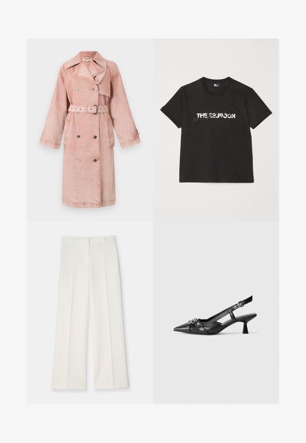 Trench coat de mezclilla rosa con cinturón, botones de doble botonadura, gran cuello y bolsillos laterales. Presenta una textura suave y un ajuste holgado.; Camiseta de algodón negra de manga corta, con un diseño impreso en blanco y gris que dice "THE 2LOOK" en el frente. Cuello redondo clásico.; Pantalones de pierna ancha en tejido color crema claro, con una textura suave, pliegues frontales y dos bolsillos laterales. Diseño de cinturilla ajustada.; Zapato de slingback negro de piel con punta afilada, correas decorativas con ojales de metal y un tacón bajo y ancho. Superficie texturizada.