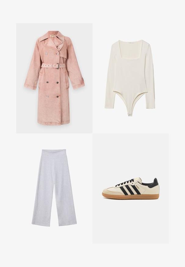 Trench coat in denim rosa con cintura, bottoni doppi, grande colletto e tasche laterali. Presenta una texture morbida e una vestibilità rilassata.; Body a maniche lunghe in crema chiaro, con scollatura quadrata, texture morbida e chiusure a pressione nella zona inguinale per una facile vestibilità.; Pantaloni larghi grigi chiari con vita alta. Realizzati in un tessuto morbido, presentano una superficie liscia e una vestibilità ampia per il massimo comfort.; Scarpa sportiva beige con strisce nere, suola in gomma naturale e dettagli neri. Presenta una tomaia in pelle liscia e un design a punta arrotondata.