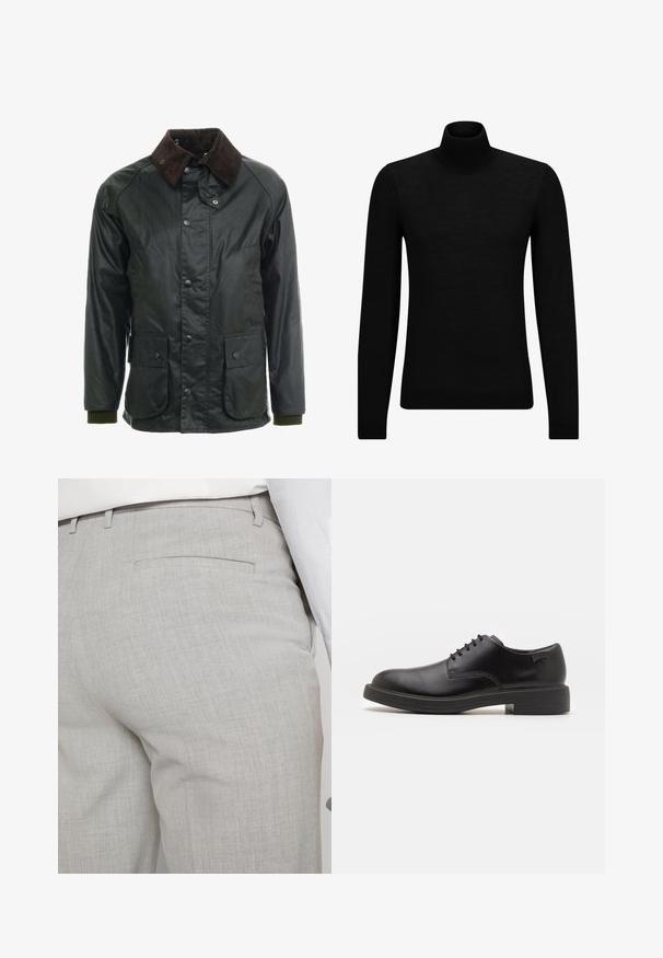 Dark green waterproof jacket with a brown corduroy collar. Features snap buttons, two front pockets, and ribbed cuffs. Smooth texture.; Black turtleneck sweater made of soft material, featuring long sleeves and a snug fit. Ribbed trim at the hem and cuffs. Simple design.; Light gray tailored trousers made of textured fabric, featuring a single back pocket and clean stitching.; Black leather lace-up shoe with a rounded toe, smooth texture, minimal stitching, and a low rubber heel. Logo on the heel.