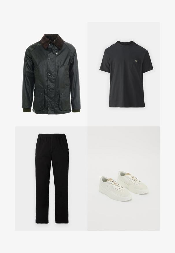 Tmavě zelená nepromokavá bunda s hnědým manšestrovým límcem. Obsahuje patentky, dvě přední kapsy a žebrované manžety. Hladký povrch.; Černé bavlněné tričko s krátkým rukávem, kulatým výstřihem a malým zeleným logem na levé kapse. Jednoduchý design, klasický střih.; Černé kalhoty vyrobené z bavlněné směsi, s rovný střih, elastickým pasem s knoflíkem a bez viditelných vzorů či akcentů.; Pár krémově bílých nízkých tenisek s béžovými detaily, silnými podrážkami a bílými tkaničkami na čistém bílém pozadí.