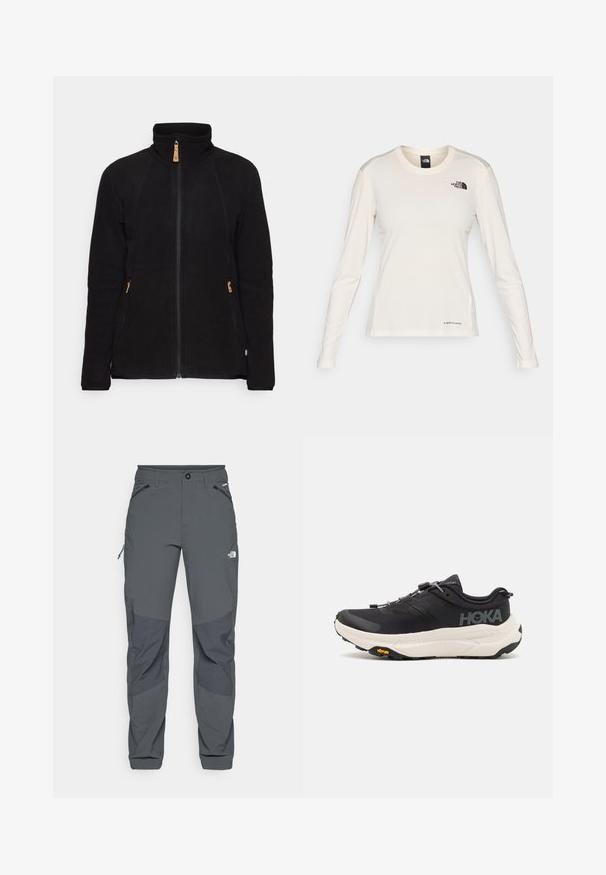 Mustahi fleecetakki korkealla kauluksella, edessä vetoketjusuljenta ja vetoketjulliset sivutaskut; siinä on kontrastiväriset ompeleet ja nahka-yksityiskohtia.; The North Face SHADOW LONG SLEEVE - Pitkähihainen paita - white dune; Tummanharmaat ulkoiluhousut, joissa on vahvistetut polvipaikat, vetoketjulliset sivu- ja etutaskut, nappisuljenta ja The North Face -logo reidessä.; Musta urheilujalkine, jossa on hengittävä verkkomateriaali, kumipohja, valkoinen vaimennusrakenne ja heijastavat nauhat. Vibram-logo pohjassa.