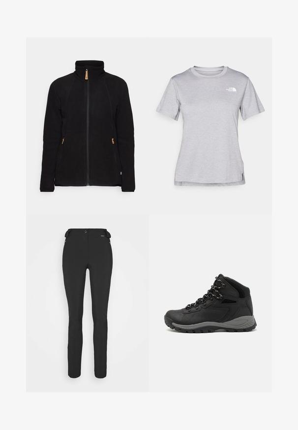 Chaqueta de forro polar negra con cuello alto, cierre frontal con cremallera y bolsillos laterales con cremallera; presenta costuras en contraste y detalles en piel.; Camiseta gris de manga corta hecha de una suave tela que absorbe la humedad. Presenta un cuello redondo y un pequeño logotipo blanco en la parte superior izquierda.; Pantalones negros ajustados hechos de un material flexible. Las características incluyen un bolsillo lateral con cremallera, rodillas articuladas y una textura suave.; Bota de senderismo negra con un diseño de medio caña, que cuenta con una parte superior texturizada, acentos grises y una suela de goma duradera con tacos de tracción.