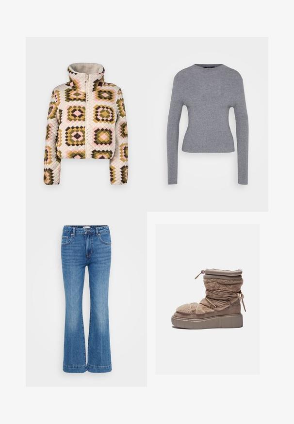 Kratak zip-up jakna u krem boji s teksturiranim patchwork uzorkom u maslinastim, ružičastim i smeškim dijamantima. Visoki ovratnik za dodatnu zaštitu.; Siva rebrasta dugih rukava dukserica s kruşim izrezom i uskim krojem, prikazana na jednobojnoj bijeloj pozadini.; Plave traperice s raširanim nogavicama i visokim strukom, suptilnim oznakama na prednji strani, dizajnom s pet džepova i kontrastnim šavovima.; Krznene bež čizme do gležnja s debelim platformom, sabranim gornjim dijelom i elastičnim vezicama. Imaju zatvaranje na zip i mekanu teksturu tkanine.