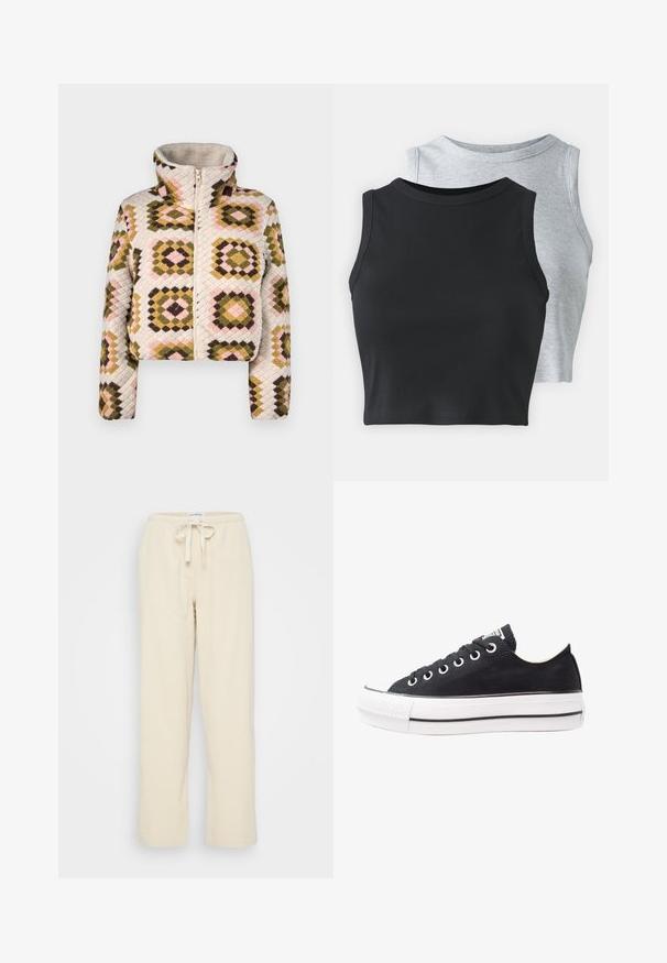 Kreminės spalvos trumpa užtrauktuku užsegama striukė su tekstūruotu dėmėtu raštu, kuriame matomi alyvmedžio, rožinės ir rudos spalvos rombai. Aukštas kaklas suteikia papildomą apsaugą.; Even&Odd Petite 2 PACK - Viršus - light grey/black; Even&Odd Petite Kelnės - beige; Juodas drobės sportbačių modelis su baltu gumuotu padu, apvalia nosimi, žemo profilio dizainu, metalinėmis akytėmis ir tekstūruotu priekiniu kraštu. Plona juoda juostelė palei padą.