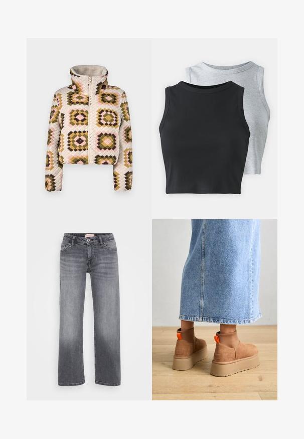 Krasota krāsā izgriezta jaku ar rāvējslēdzēju krēmkrāsā ar teksturētu mozaīkas rakstu olīvu, rozā un brūnu rombu formā. Augsta apkakle papildu aizsardzībai.; Even&Odd Petite 2 PACK - Tops - light grey/black; Pelēki džinsi ar taisnu kāju dizainu, piecu kabatu stils, viegla izbalēšana un pogas aizdare viduklī.; Brūni zamšādas platforma zābaki ar elastīgiem sānu paneļiem un oranžām cilpām, apvienoti ar līdz ceļgaliem garu gaišā denima svārku uz koka grīdas.