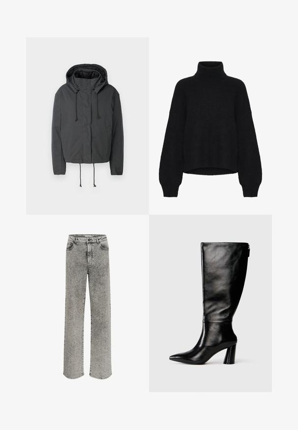 Zwarte cropped jas met capuchon, trekkoordsluiting en zijzakken. Gemaakt van een gladde, lichte stof met een minimale textuur.; Zwarte coltrui met een cropped ontwerp, gemaakt van pluizige stof. Het heeft brede mouwen en een geribbelde textuur bij de kraag.; Grijze denimmjeans met een rechte pasvorm, versierd met zilveren studs. Voorzien van een klassieke vijf-pocket stijl en knoopsluiting.; Zwart leren laars tot de knie met een puntige neus, gladde textuur en een chunky hak. Bevat een ritsdetail aan de achterkant.