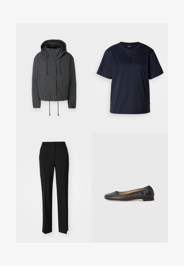 Black cropped jacket with a hood, drawstring closure, and front pockets. Made from a smooth, lightweight fabric with minimal texture.; Navy blue short-sleeve t-shirt made of soft cotton. Features a rounded neckline and a subtle embroidered logo on the chest.; Black tailored trousers with a straight-leg design, featuring a smooth texture and crisp creases along the front. No visible hardware.; Black leather ballet flats with a rounded toe and minimal stitching. Low, rectangular heel and smooth texture. Subtle interior lining detail.