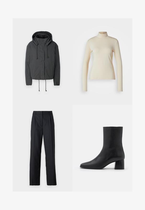 Čierna skrátená bunda s kapucňou, so sťahovacou šnúrkou a prednými vreckami. Vyrobená z hladkej, ľahkej tkaniny s minimálnou textúrou.; Krémový dlhý rukáv s rolákom vyrobený z hladkej, elastickej tkaniny; priliehavý strih s vysokým golierom a bez viditeľných vzorov alebo akcentov.; Na mieru ušité čierne nohavice s prúžkami, s rovnými nohavicami, prešitou skladbou a tradičným pásom. Hladká textúra materiálu.; Čierna kožená členková čižma s špicatou špičkou a masívnym štvorcovým podpätkom. Hladká textura s bezšvovým dizajnom a minimalistickým prešívaním.