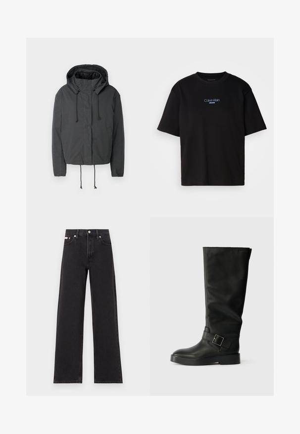 Chaqueta corta negra con capucha, cierre de cordón y bolsillos frontales. Fabricada en un tejido ligero y suave con una textura mínima.; Camiseta de algodón negra con cuello redondo, manga corta y el logotipo azul bordado de "Calvin Klein JEANS" en el frente.; Jeans anchos de mezclilla negros, con cintura alta, cinco bolsillos y cierre de botón metálico con costuras contrastantes.; Botas negras hasta la rodilla, hechas de cuero suave, con puntera redondeada, suela gruesa y una correa horizontal con detalle de hebilla rectangular.