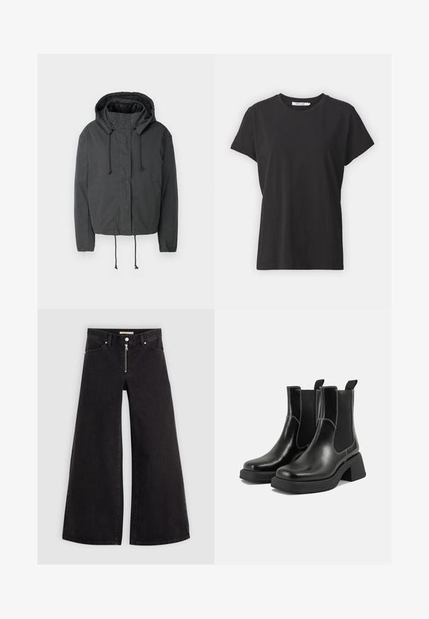 Giacca nera corta con cappuccio, chiusura a cordoncino e tasche frontali. Realizzata in un tessuto liscio e leggero con texture minima.; T-shirt in cotone nero con un classico collo a giro, maniche corte e vestibilità rilassata. Texture liscia, senza patterns o dettagli visibili.; Jeans a gamba larga in denim nero con chiusura a zip, design a cinque tasche e dettagli di cucitura sottili. Texture morbida e stile casual.; Stivali Chelsea in pelle nera con tacco spesso, pannelli elasticizzati sui lati e cuciture bianche a contrasto. Finitura testurizzata.