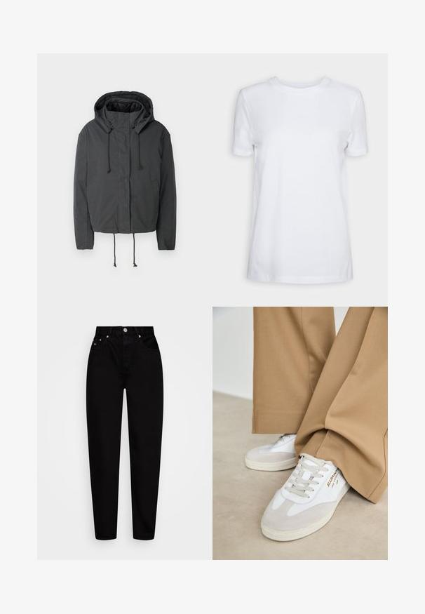 Černá zkrácená bunda s kapucí, stahovací šňůrkou a předními kapsami. Vyrobeno z hladkého, lehkého materiálu s minimální texturou.; Bílý tričko s krátkým rukávem vyrobené z bavlny. Design s kulatým výstřihem, hladká textura a žádné viditelné vzory nebo akcenty. Základní styl.; Džíny s vysokým pasem, černé, rovného střihu s předním knoflíkem, pěti kapsami a poutky na opasek, vystavené na bílém pozadí.; Bílé tenisky s semišovými akcenty, texturovanými tkaničkami a gumovou podrážkou. Kombinováno s volnými béžovými kalhotami. Logo umístěné na boční straně.