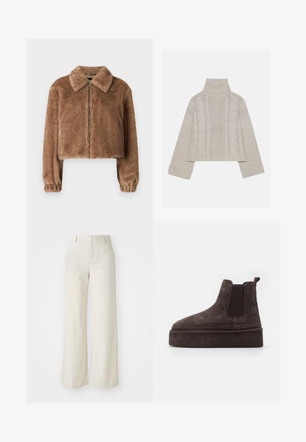 Braune Kunstpelzjacke mit Kragen, verkürztem Design, langen Ärmeln, Reißverschluss und elastischen Bündchen. Weiche Textur und glatte Oberfläche.; Gekürzter, hellgrauer Strickpullover mit hohem Kragen und gerippten Bündchen, ausgestattet mit strukturierten Zopfmustern entlang des Rückens und der Seiten.; Weite Hosen in einem hellbeigen Farbton, aus einem glatten Stoff gefertigt. Mit einem klassischen Bund und flachem Vorderteil, das klare Linien zeigt.; Braune Wildleder Chelsea-Stiefel mit elastischen Seitenpaneelen und einer dicken, strukturierten Plattformsohle. Mit einem Ziehband an der Ferse für ein einfaches An- und Ausziehen.