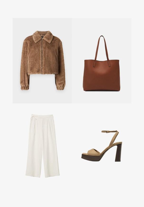 Bruine nepbontjas met kraag, cropped ontwerp, lange mouwen, ritssluiting en elastische manchetten. Zachte textuur en gladde afwerking.; Witte lange mouwen t-shirt gemaakt van ribbelstof, met een ronde halslijn en een rechte zoom. Eenvoudig, effen ontwerp.; Wijdvallende broek van off-white stof met een gladde textuur. Heeft een gestrikte taille en geplooide voorkant, ontworpen voor een ontspannen pasvorm.; Beige suède hoge hakken sandalen met een brede voorband en enkelband, met een dikke houten blokhak met een gestructureerde afwerking.; Bruine leren tote bag met een gladde textuur, een ontwerp met een open bovenkant en twee schouderbanden. Kenmerkt zich door minimale stiksels en geen zichtbare hardware.