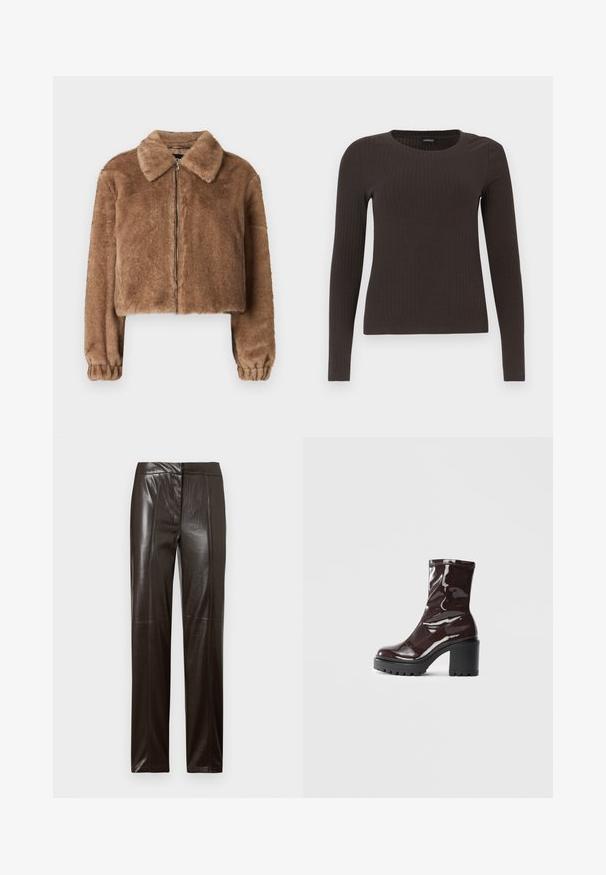 Brown faux fur jacket with a collar, cropped design, long sleeves, zip closure, and elastic cuffs. Soft texture and smooth finish.; Brown, long-sleeve ribbed top with a crew neckline. Made from a smooth, stretchy material, featuring a fitted silhouette and minimal detailing.; Dark brown straight-leg leather trousers with a smooth finish and subtle seam detailing along the front.; Glossy burgundy ankle boot with a chunky black heel, featuring a smooth texture and simple design. No visible fastenings or patterns.