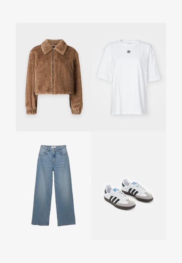 Ruskea tekoturkistakki, jossa on kaulus, lyhyt malli, pitkät hihat, vetoketjukiinnitys ja joustavat hihansuut. Pehmeä rakenne ja sileä pinta.; Valkoinen lyhythihainen t-paita, joka on valmistettu puuvillasta. Siinä on pyöreä kaula-aukko ja pieni musta Adidas-logo rinnassa. Suora helma.; Vaaleansiniset leveälahkeiset farkut, valmistettu denimistä. Ominaisuuksiin kuuluu korkea vyötärö, viisi taskua ja suora leikkaus, jolla on vähäistä haalistumista.; Urheilukengät, joissa on valkoinen nahkainen päällinen, harmaa mokkanokka ja kolme mustaa raitaa. Ominaisuuksina sininen logo kielekkeessä ja kuvioitu kumipohja.