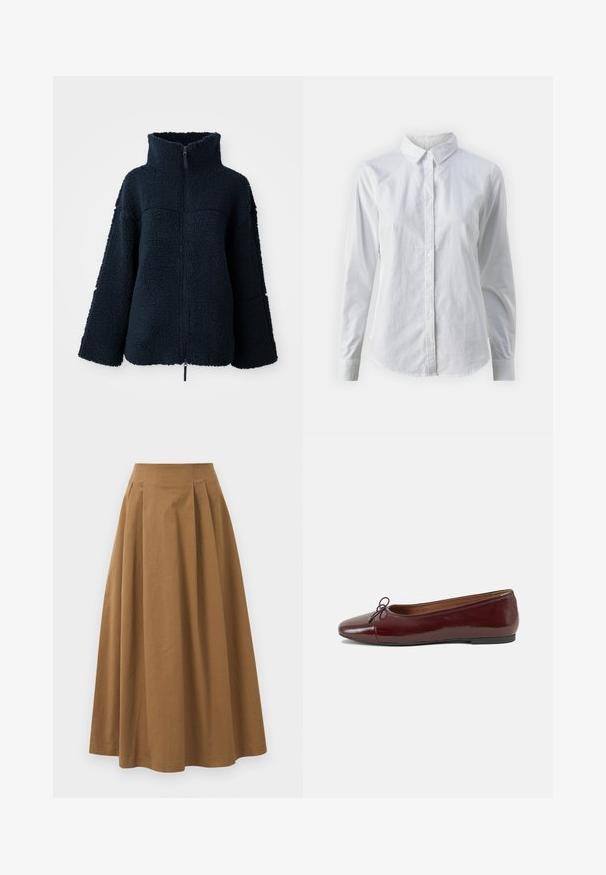 Tummansininen teksturoidusta fleecestä valmistettu takki, jossa on korkea kaulus ja täysi etuvetoketju, pitkähihaiset ja väljät malli.; Valkoinen napitettava paita, joka on valmistettu sileästä puuvillasta. Paidassa on klassinen kaulus, pitkät hihat ja kaareva helma. Nappien koko on pieni ja ne ovat valkoiset.; Ruskea puuvillainen A-linjainen hame korkealla vyötäröllä, jossa on laskokset edessä ja sileä pinta. Helma on viimeistelty siististi ja yksinkertaisesti.; Burgundin värinen lakattu nahkainen ballerinatossu pyöreällä varvaskärjellä, pienen nauhan yksityiskohdalla edessä ja matalalla mustalla kumipohjalla. Sujuva pinta.