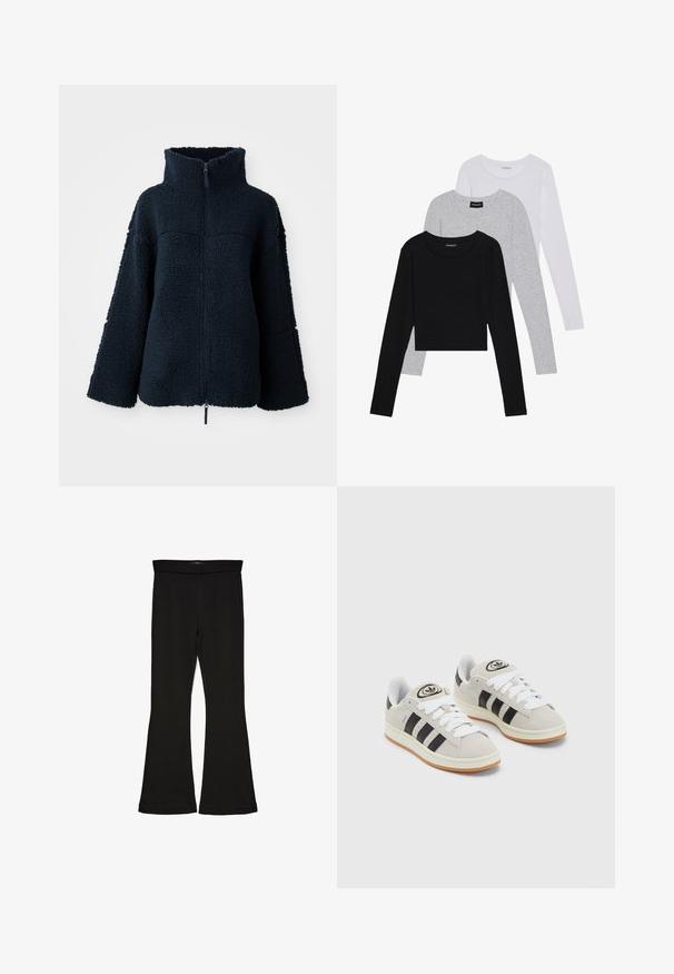 Marineblå strukturert fleecejakke med høy krage og full frontglidelås, lange ermer og løs passform.; Tre lange ermer t-skjorter stablet: svart, grå og hvit. Hver har en rund hals og et kort design med glatt, lett stoff.; Sorte flared leggings laget av stretchy stoff. Har en bred midjebånd og en glatt tekstur, med en tettsittende silhuett som blir videre nedover.; Grå semsket sneakers med hvite lisser, svarte striper og en hvit gummisåle. Har en sirkulær logo på tungen og en gummisåle.