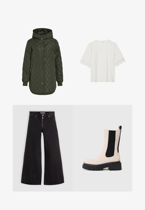 Prošívaná dlouhá olivově zelená bunda s kapucí, patentkami a žebrovanými manžetami. Má hladký, texturovaný materiál s diamantovým vzorem.; Bílé tričko s krátkým rukávem vyrobené z bavlny, s dekorativní krajkovou aplikací na rukávech a kulatým výstřihem.; Džíny s širokými nohavicemi v černém denimovém provedení se zipem vpředu, pěti kapsami a jemnými švy. Hladká textura a ležérní styl.; Béžové semišové Chelsea boty s černým elastickým bočním panelem, černou robustní podešví a poutkem na zadní straně, zobrazené v bočním profilu na bílem pozadí.