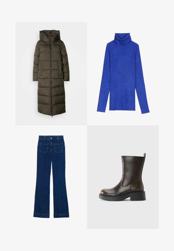 Lang, olivgrønn dunjakke med hette, med glidelås foran, sidelommer og quiltet design. Myk tekstur, midtlengde.; Royal blå ribbestrikket høyhalset genser laget av teksturert stoff med lange ermer og krage som kan brettes over, har en slim fit design.; Jeans i mørkeblå denim med vide ben, glatt tekstur, fem lommer og knappland i midjen.; Mørkebrun skinnstøvlett til midt på leggen med rund tå, tykk svart såle, lav blokkhel og trekkflik bak.