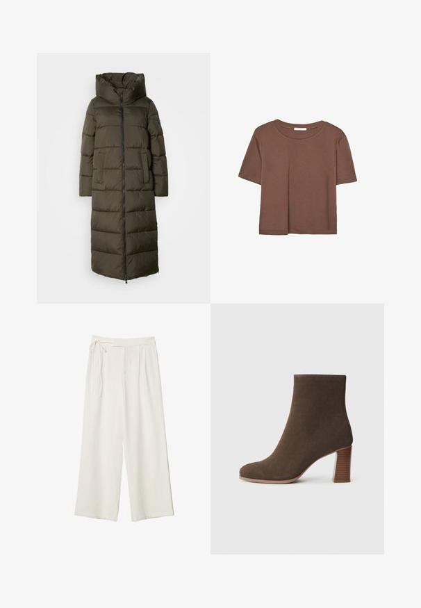 Dlouhá, olivově zelená péřová bunda s kapucí, se zipem vpředu, bočními kapsami a prošívaným designe. Měkká textura, střední délka.; Hnědé tričko s krátkým rukávem vyrobené z měkké látky, s kulatým výstřihem a volným střihem. Bez viditelných vzorů nebo dekorací.; Kalhoty širokého střihu v off-white látce s hladkým povrchem. Mají zavázaný pas a na přední straně jsou plisé, navrženy pro pohodlné nošení.; Hnědá semišová kotníková bota s kulatou špičkou a podpatkem z vrstveného texturovaného materiálu. Hladký povrch bez viditelných zapínání nebo ozdob.