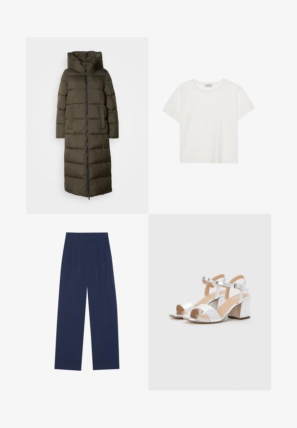 Ilgas, alyvuogių žalios spalvos pūkinis paltas su gobtuvu, turintis užtrauktuką, šonines kišenes ir siuvinėtą dizainą. Minkšta tekstūra, vidutinio ilgio.; Balta trumpa rankovė T-marškiniai, pagaminti iš minkštos medvilnės. Charakterizuojami apvali kaklo iškirpte ir laisvu siluetu. Švarus dizainas be matomų raštų ar akcentų.; Tamsiai mėlynos plačios kelnės, pagamintos iš minkštos medžiagos, su priekiniu raukiniu, lygiu paviršiumi ir tiesiu siluetu be matomų kišenių.; Sidabrinės aukštakulnės šlepetės su atviromis pirštinėmis, turinčios dvi plačias juostas ir suapvalintą bloko kulną. Lygus paviršius su metalizuotu apdaila.