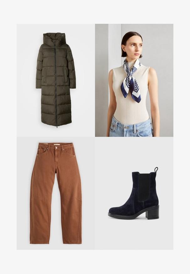 Dolga, olivno zelena puhovka s kapuco, ki ima zadrgo spredaj, stranske žepke in pikčasto zasnovo. Mehka tekstura, srednje dolžine.; Dve dolge majice s turtleneck ovratnikom: ena v beli in ena v rjavkasto rdeči barvi, narejeni iz lahkega, elastičnega materiala s prileganjem.; Rjavi rjavi ravni hlače z zadrgo in zankami za pas, z zadnjimi in sprednjimi žepi ter kovinskimi zakovicami, razpolagane na beli podlagi.; Temno modre semiš čevlje do gleženj z elastiko na strani, okroglo konico in blokastim peto. Tekstura tkanine in gladek podplat dodajata kontrast.; Svila šal v temno modri in beli barvi z geometrijskim cikcakom. Gladka tekstura, lepo zavezan okoli vratu, ki dopolnjuje rebrasto majico.