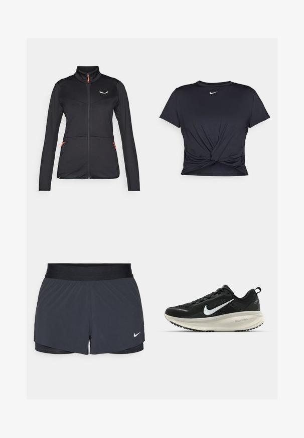 Čierna softshellová bunda s vysokým golierom, kontrastným oranžovým zipsom, textúrovanou tkaninou a dvoma postrannými zipsovými vreckami. Má logo na hrudi.; Čierne atletické tričko vyrobené z hladkej tkaniny, so zaväzovaným predným dizajnom a malým bielym logom Nike na hrudi.; Čierne športové šortky s elastickým pásom, ktoré majú vrstvený dizajn a malú bielu aplikáciu loga Nike v dolnom ľavom rohu. Ľahký materiál.; Čierne bežecké topánky Nike s priedušnou sieťovinou, bielym logom s symbolom swoosh, textúrovanými detailmi a krémovou ZoomX medzipodrážkou.