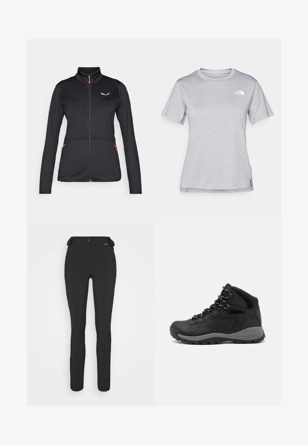 Jaqueta softshell preta com colarinho alto, fecho éclair laranja em contraste, tecido texturizado e dois bolsos laterais com fecho éclair. Apresenta um logotipo no peito.; T-shirt cinza de mangas curtas feito de um tecido suave e que absorve a humidade. Apresenta um decote redondo e um pequeno logotipo branco na parte superior esquerda.; Calças pretas, ajustadas, feitas de um material flexível. As características incluem um bolso lateral com fecho éclair, joelhos articulados e uma textura suave.; Bota de caminhada preta com design de cano médio, apresentando um upper texturizado, detalhes cinzentos e sola de borracha durável com cravos de tração.