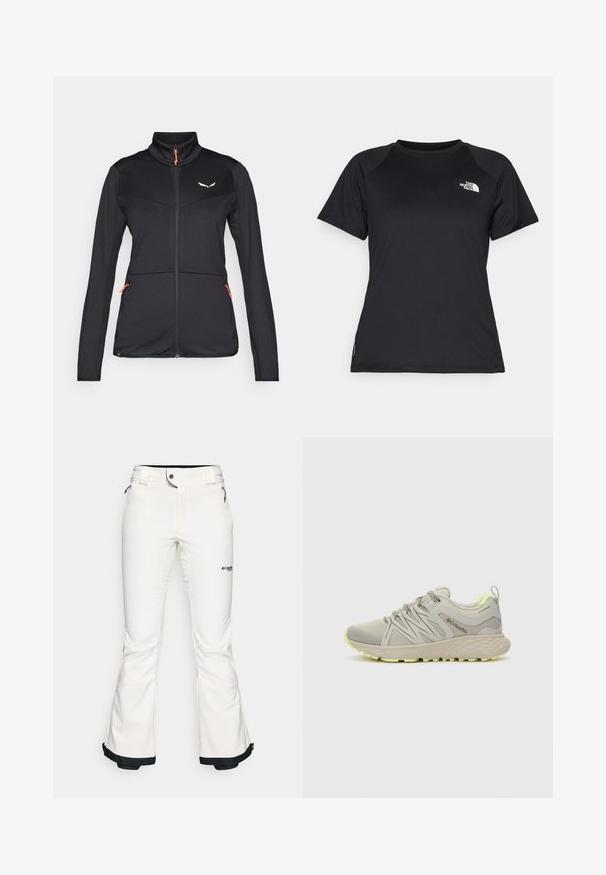 Chaqueta softshell negra con cuello alto, cremallera naranja en contraste, tejido texturizado y dos bolsillos laterales con cremallera. Presenta un logo en el pecho.; Camiseta atlética negra de manga corta con cuello redondo y el logo de The North Face en la parte superior izquierda del pecho.; Pantalones de esquí blancos hechos de un material suave y flexible. Presentan una cintura ajustada, piernas anchas y acampanadas, y un ribete negro en los puños. Logo de la marca visible.; Columbia PEAKFREAK - Zapatillas de senderismo - dove/citron haze