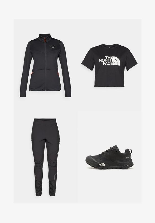 Črna softshell jakna z visokim ovratnikom, kontrastnim oranžnim zadrgo, teksturirano tkanino in dvema stranskima žepoma z zadrgo. Ima logo na prsi.; Črna kratka majica iz bombaža, ki ima spredaj bel logotip s ukrivljenimi akcenti in besedilom "THE NORTH FACE". Kratke rokave, okroglo izrezan ovratnik.; Črne zunanje hlače s prilegajočim dizajnom, trpežno tkanino, odsevnimi detajli in šivi, ki izboljšajo gibljivost in udobje.; Črne pohodne čevlje z teksturirano zgornjim delom, vezalnim zapiranjem in masivnim gumijastim podplatom, ki ima opazen logotip na strani in vzorce profila.