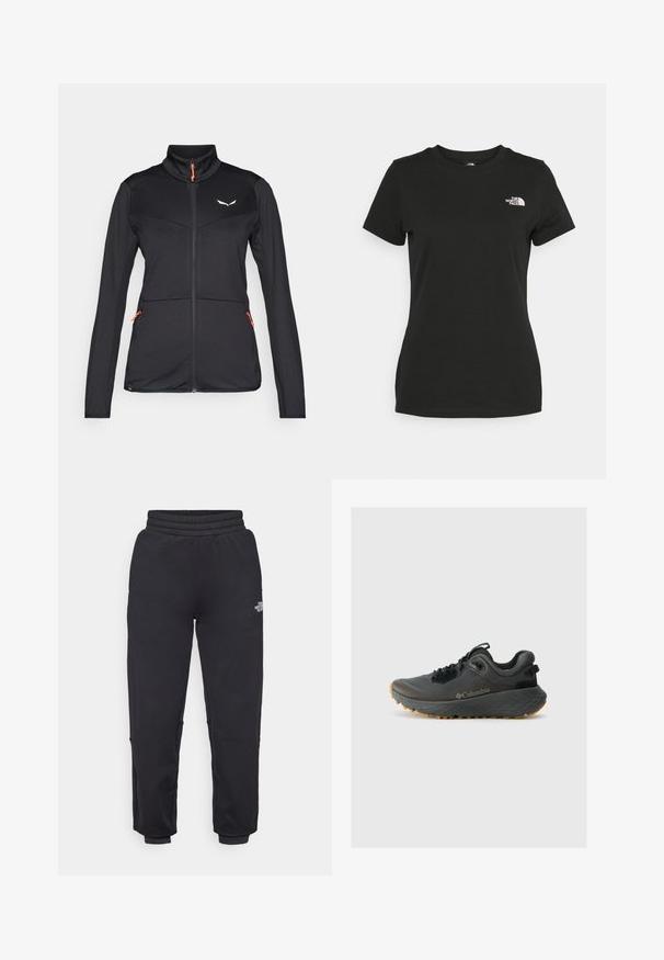 Zwarte softshell jas met een hoge kraag, contrasterende oranje rits, textuurstof en twee zijzakken met rits. Bevat een logo op de borst.; Zwarte katoenen t-shirt met een ronde hals en korte mouwen. Opvallend wit logo op de bovenlinker kant. Soepele textuur, casual pasvorm.; The North Face W MOUNTAIN ATHLETICS - Trainingsbroek - black; Columbia TERRASTRIDE CRZ - Outdoorschoenen - shark/black
