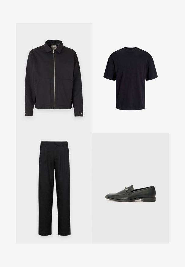 Crna jakna s ovratnikom, prednjim patentnim zatvaračem, dva velika prednja džepa i dugmadima na rukavima. Napravljena od glatke tkanine.; Crna pamučna majica s okruglim izrezom, kratkim rukavima i opuštenim krojem. Glatka tekstura bez vidljivih uzoraka ili dekoracija.; Crne hlače od glatkog materijala, s dizajnom ravnih nogavica, dva prednja nabora i standardnim pojasom s petljama za remen.; Crna kožna loafer cipela s glatkom finišem, s ušivenim uzorkom i dekorativnim metalnim lancem preko prednjeg dijela. Ravni potplat.